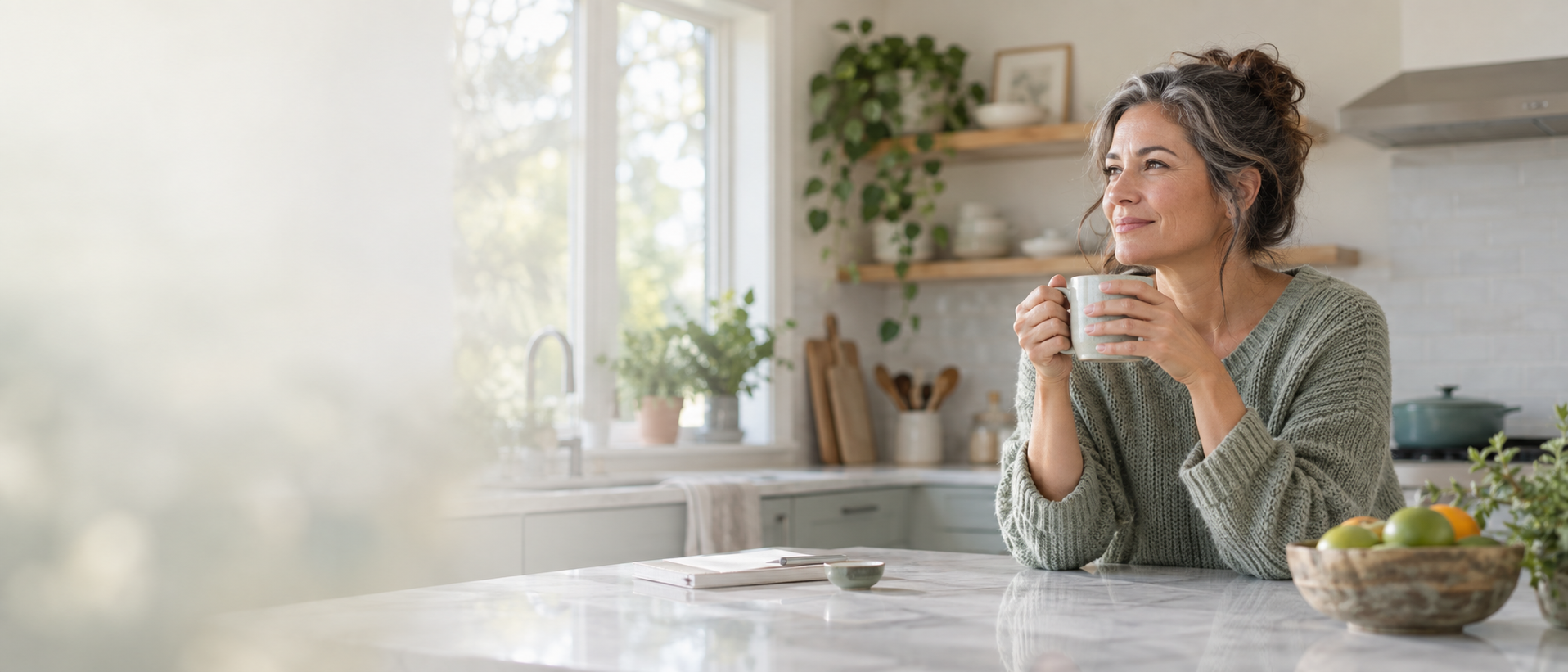 Persona tomando café en una cocina luminosa